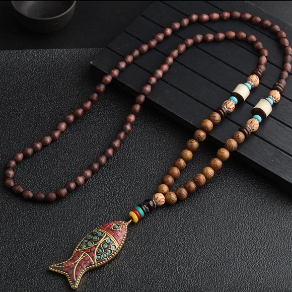 Bohemian Wooden Beads Necklace with fish Pendant - Picture 1 of 8